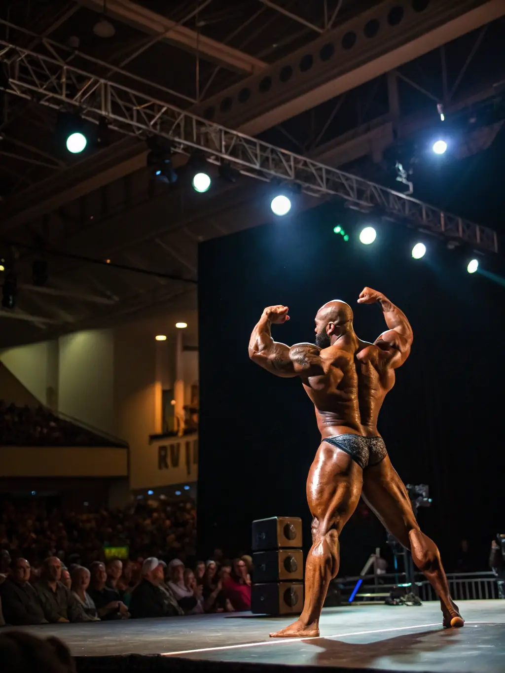 A bodybuilder posing on stage during a competition, showcasing their physique. The lighting is dramatic, highlighting muscle definition and stage presence.