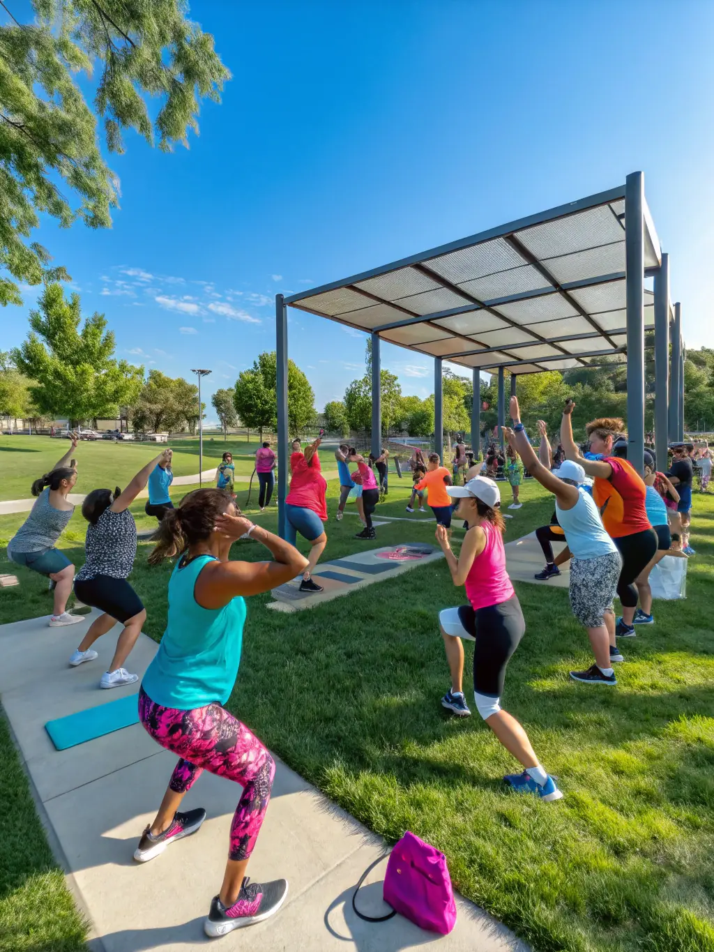 A diverse group of people engaged in a community workout session in a park, led by a fitness instructor. The scene is vibrant and inclusive, promoting health and wellness.