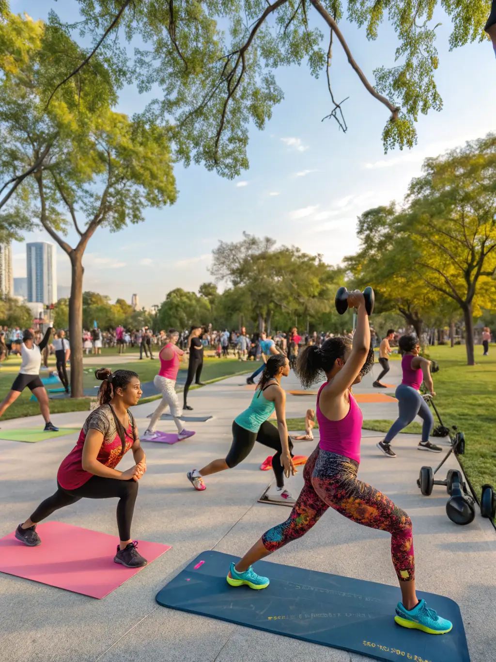 A vibrant image of a diverse group of people participating in a group fitness class led by a motivating instructor, showcasing community and energy.