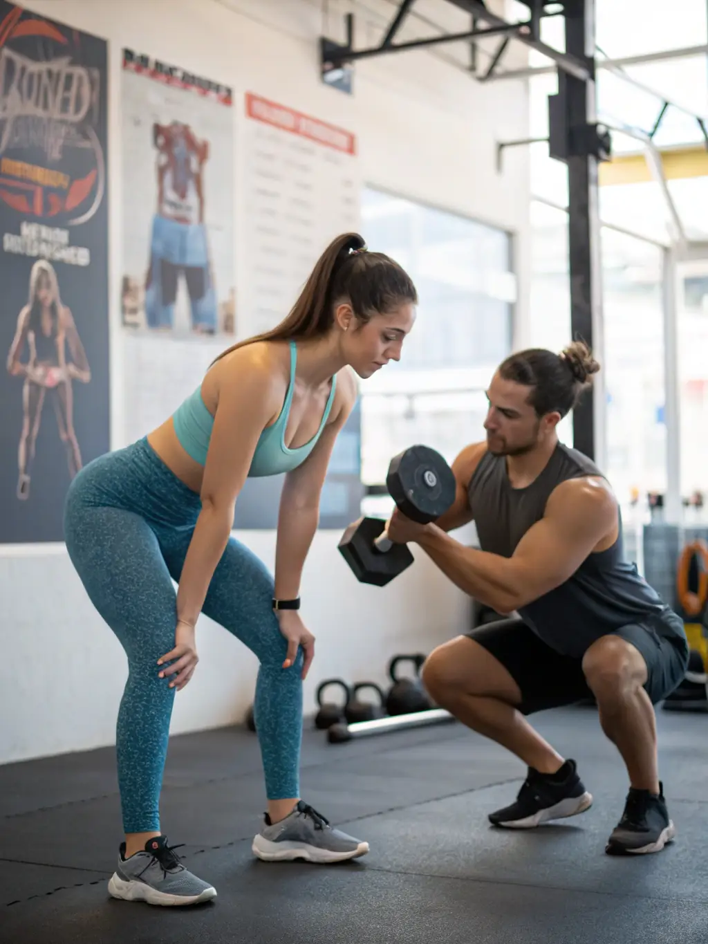 A person receiving personalized coaching during a workout session, with the coach providing guidance and support. The focus is on proper form and technique.